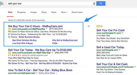 An example of a Google Ads Paid Search Result