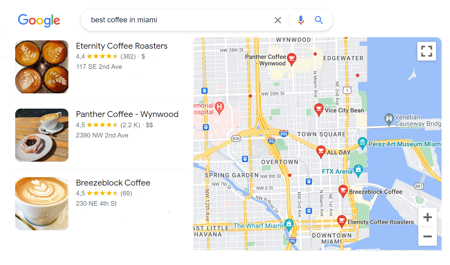 An image showing how Google local search appears in Google Search 