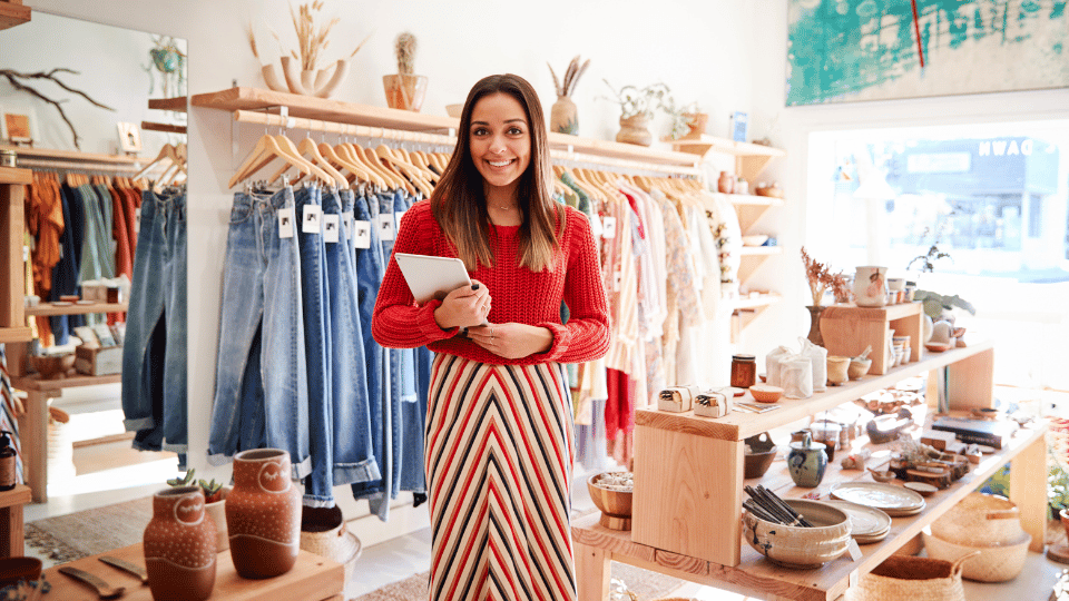 A smiling business owner with a tablet stands in her boutique filled with clothes and handcrafted items, exemplifying a small business that could benefit from a Texas loan.