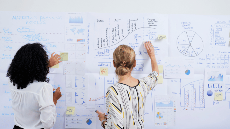 Two women working on a market developing strategy on a writing board